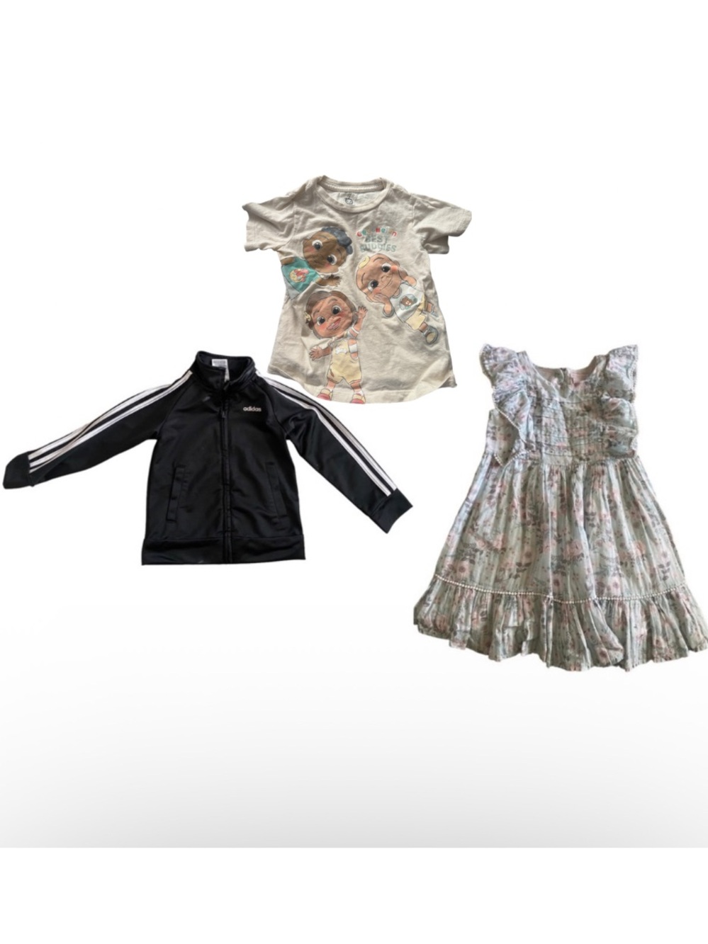 Adidas Jacket floral dress and Cocomelon t shirt size 4T bundle